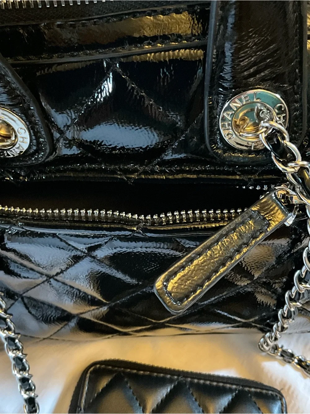 Designer Fashioned Black Quilted Patent Leather Satchel with Chain Strap